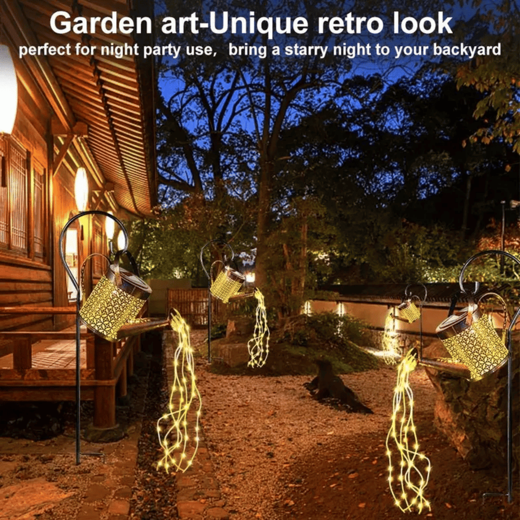 Solar Watering Can With Cascading String Lights, Metal Garden Stake Lantern With 32" Shepherd Hook, Waterproof Outdoor Pathway Decor