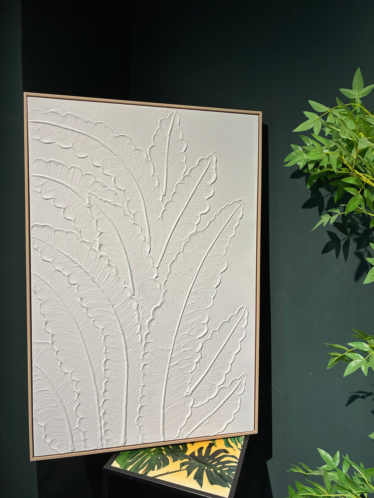 Framed Botanical Leaf Wall Art, 25 x 37 in Antique White Textured Canvas Painting, Minimalist Neutral Decor, Ready to Hang