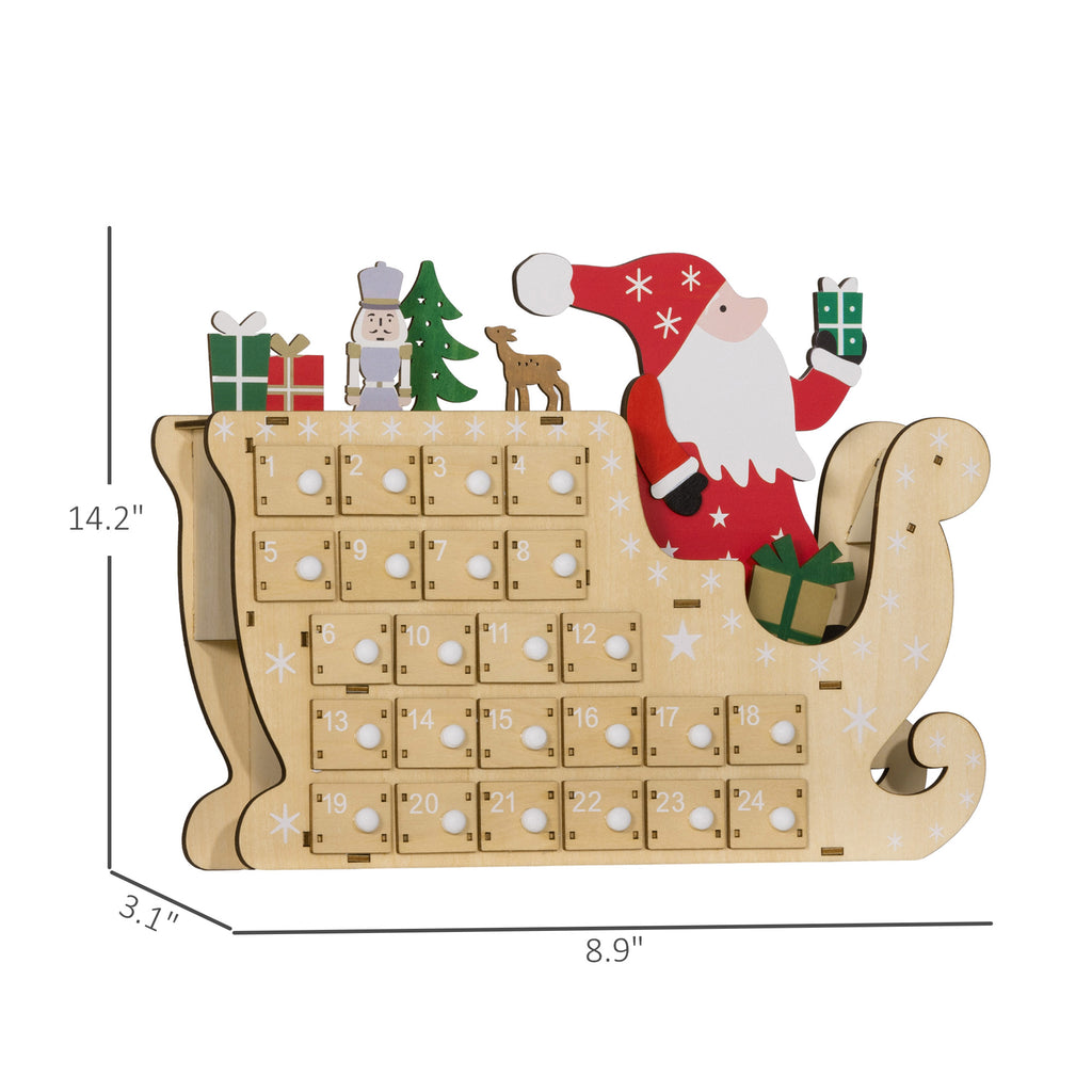 Wooden Christmas Advent Calendar with 24 Countdown Drawers, Santa Sleigh Holiday Decor, Natural