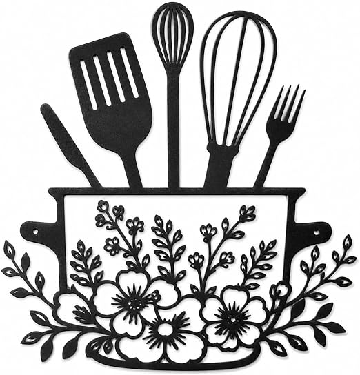 Farmhouse Metal Kitchen Wall Decor, Black Floral Utensil Wall Art, 11.3" x 11.4" Rustic Hanging Sign for Dining Room and Coffee Bar