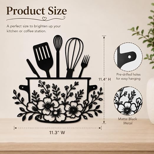 Farmhouse Metal Kitchen Wall Decor, Black Floral Utensil Wall Art, 11.3" x 11.4" Rustic Hanging Sign for Dining Room and Coffee Bar