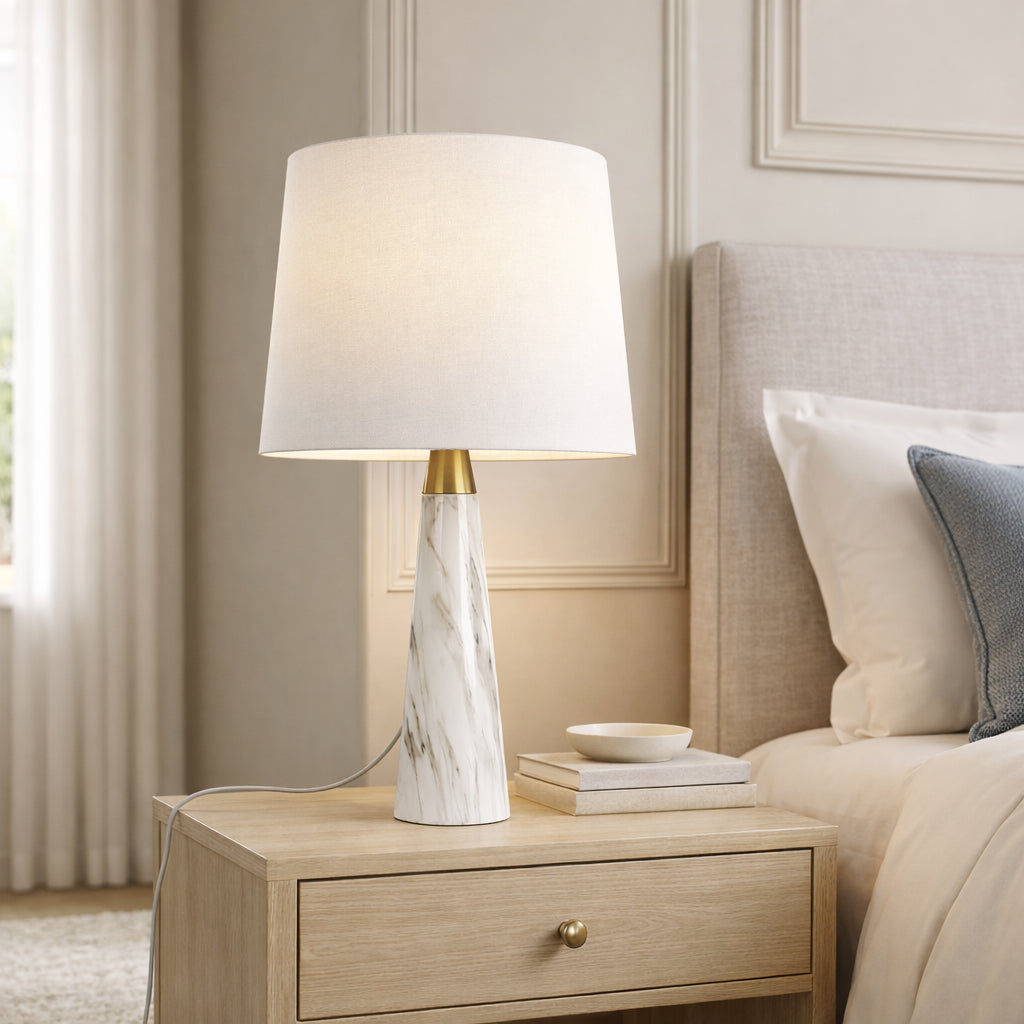 White Faux Marble Table Lamp With Fabric Shade, 25 in. Gold Accent Bedside Lamp