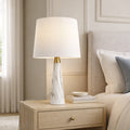 White Faux Marble Table Lamp With Fabric Shade, 25 in. Gold Accent Bedside Lamp