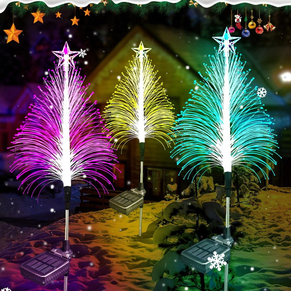 Solar Christmas Tree Stake Lights, 3 Pack Color Changing Fiber Optic Outdoor Garden Path Lights