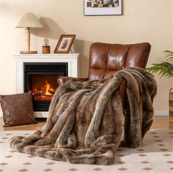 Faux Fur Throw Blanket, 60" x 80" Brown Taupe Fox Fur Blanket With Reversible Fleece Lining