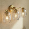 3-Light Bathroom Vanity Light, Satin Brass Wall Sconce With Clear Ribbed Glass Dome Shades, 22 in.