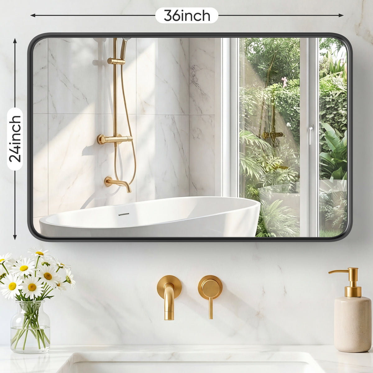 Rectangular Wall Mirror With Black Metal Frame, Rounded Corner Bathroom Vanity Mirror