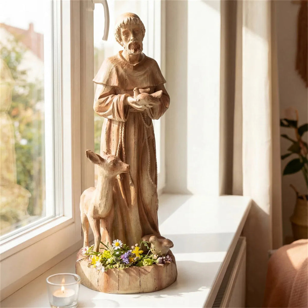 Saint Francis Garden Statue With Built-In Bird Feeder, 24.5" Brown Magnesium Oxide Outdoor Sculpture