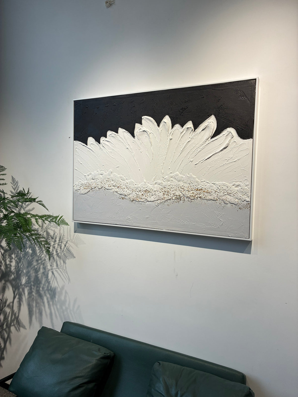 Framed Abstract Wall Art 28x40 In, Black and White Textured Canvas Painting with Grey and Gold Accents