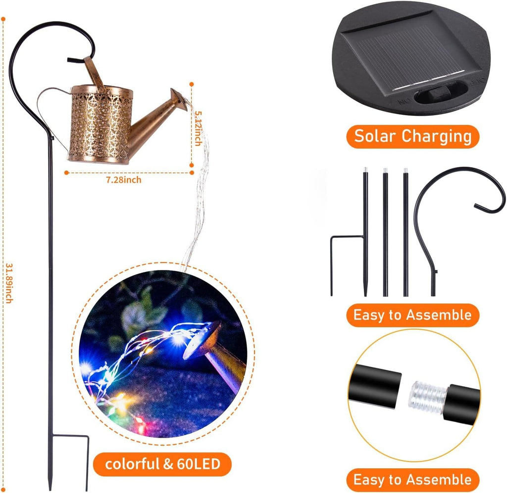 Solar Watering Can With Cascading String Lights, Metal Garden Stake Lantern With 32" Shepherd Hook, Waterproof Outdoor Pathway Decor