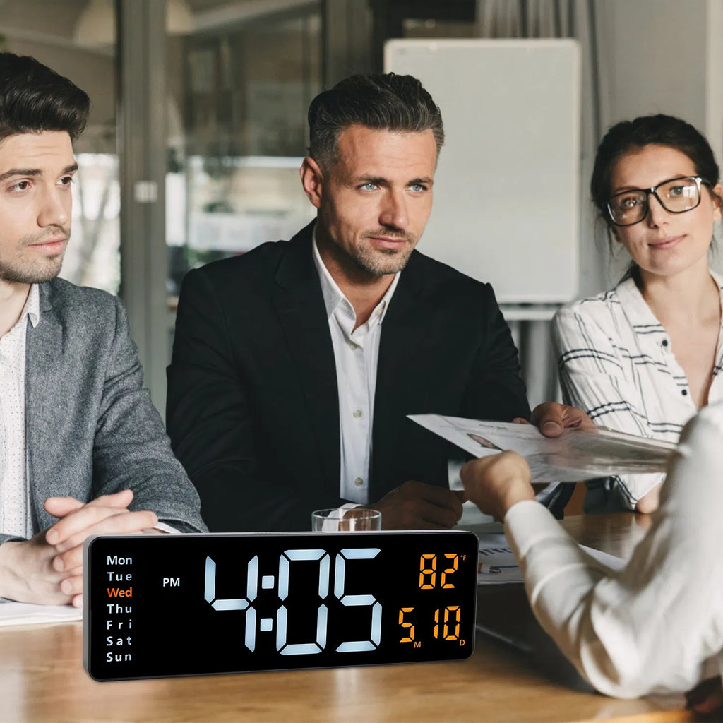 LED Digital Wall Clock, 15.7 in Black Display With Remote, 3 Alarms, Temperature and Calendar