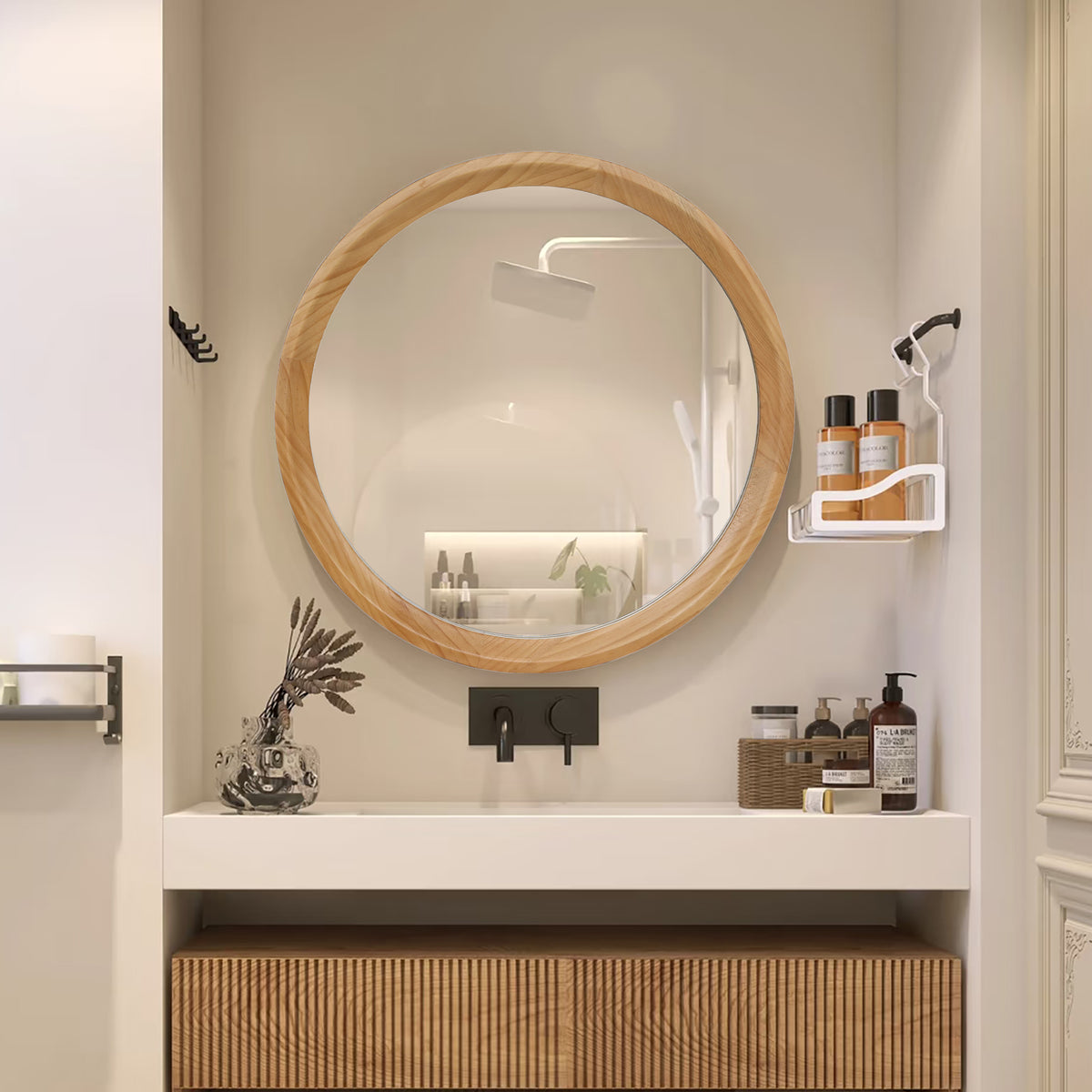 Round Wood Wall Mirror, 23.62 Inch Natural Light Oak Frame Decorative Mirror for Bathroom Vanity, Entryway and Living Room