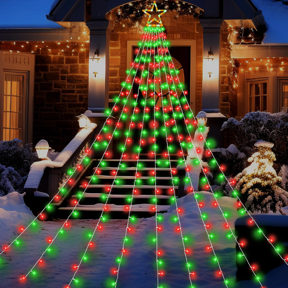Christmas Tree Waterfall Lights, 317 LED Red and Green String Lights With Star Topper, 9 Strands, 11.5 ft, IP44 Outdoor