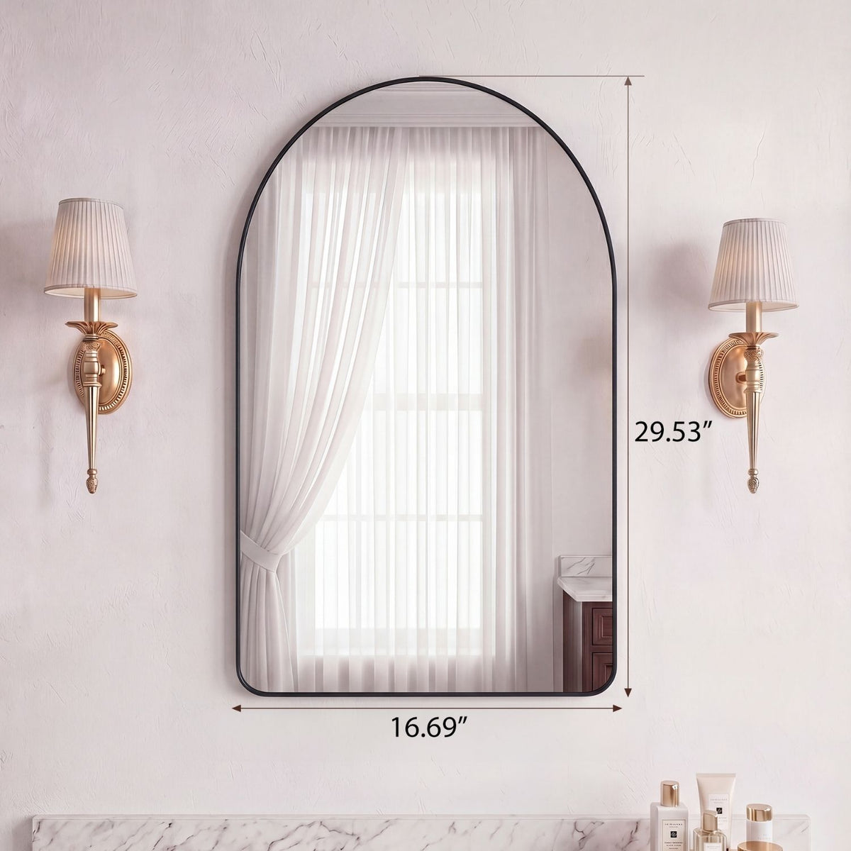 Arched Wall Mirror with Matte Metal Frame, Black or Gold, Modern Bathroom Vanity Mirror for Living Room and Entryway