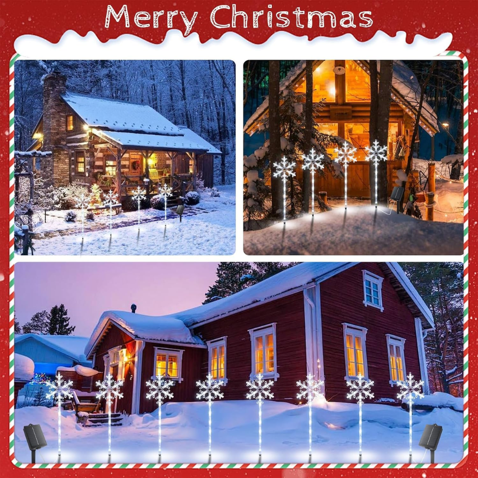 Solar Snowflake Pathway Lights, 4 Pack White LED Christmas Stake Lights for Yard and Walkway