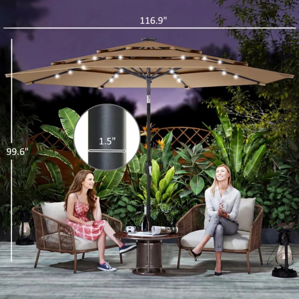 9.7 Ft Patio Umbrella with 32 Solar LED Lights, Khaki Tilting Outdoor Market Umbrella with Crank, Base Not Included