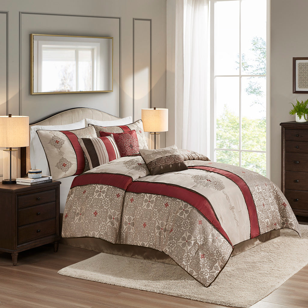 Queen 7 Piece Jacquard Comforter Set With Throw Pillows, Red and Tan Polyester Bedding
