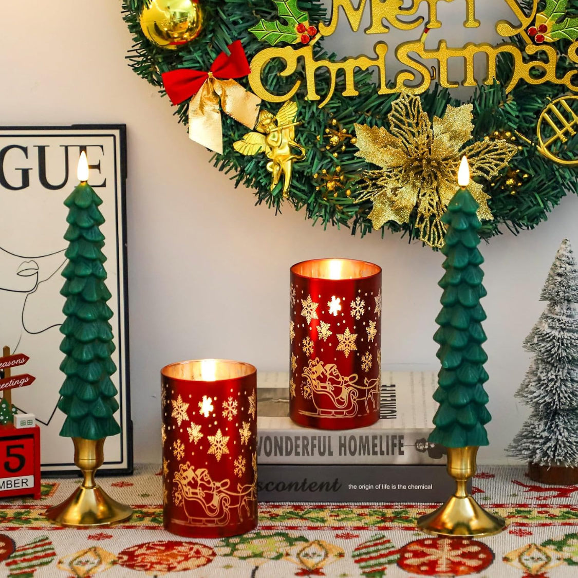 Christmas Flameless Candles With Remote, Set of 4 Green Tree Tapers and Red Glass Snowflake Pillars, Battery Operated LED Holiday Decor