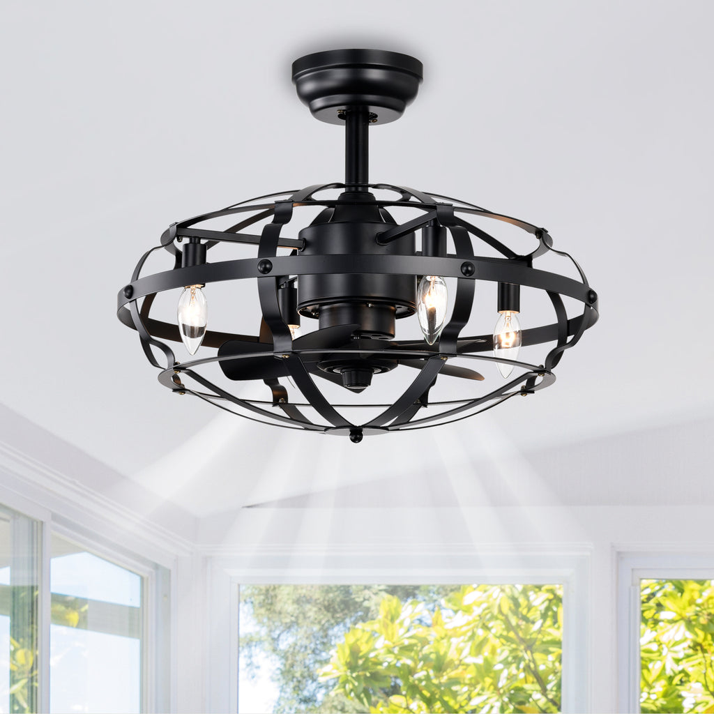 Caged Ceiling Fan With Lights, 20.63 Inch Matte Black Farmhouse Fandelier With Remote, 5 Blades, 4 Lights