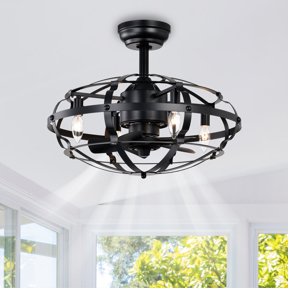 Caged Ceiling Fan With Lights, 20.63 Inch Matte Black Farmhouse Fandelier With Remote, 5 Blades, 4 Lights