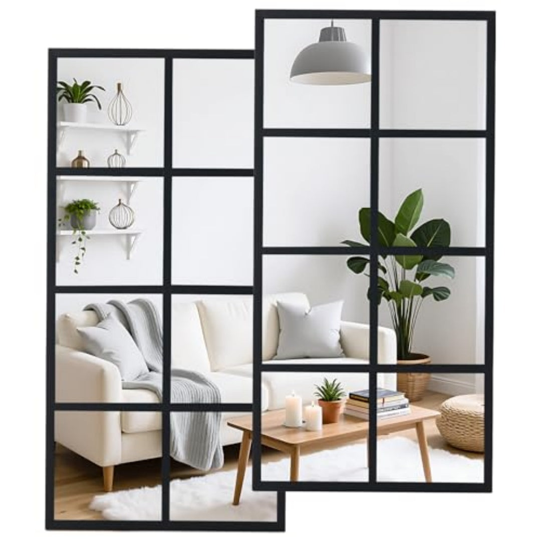 Window Pane Wall Mirror, Black Metal Frame Rectangular Grid Mirror for Living Room, Bedroom or Entryway