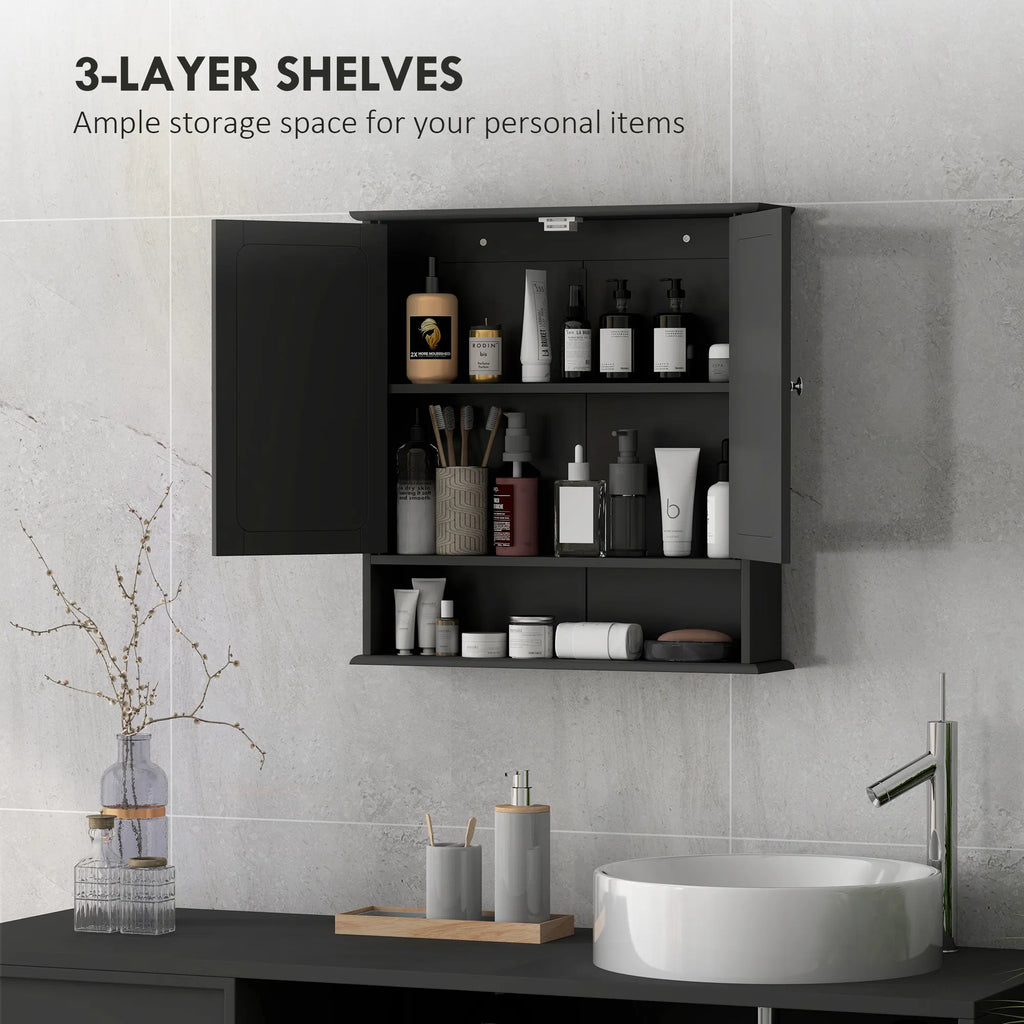 Wall-Mounted Bathroom Mirror Cabinet with Double Doors, Adjustable Shelf and Open Shelf, Black Medicine Cabinet, 22" x 22.75"