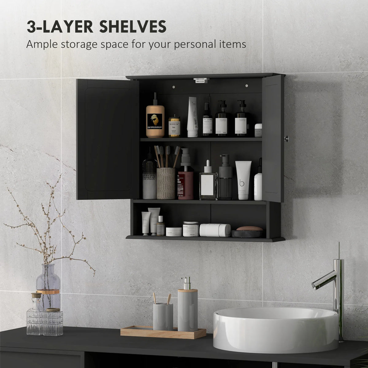 Wall-Mounted Bathroom Mirror Cabinet with Double Doors, Adjustable Shelf and Open Shelf, Black Medicine Cabinet, 22" x 22.75"
