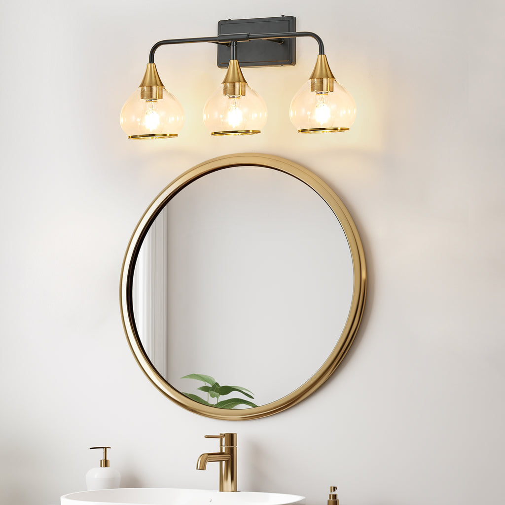 3-Light Bathroom Vanity Light, Black and Gold Wall Sconce With Clear Glass Shades, 23 in. Modern Industrial Fixture