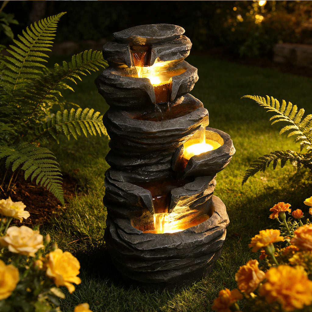 Outdoor Waterfall Fountain With LED Lights, Gray Resin Stacked Rock Cascading Water Feature, 25.6 In. Garden Decor for Patio and Porch