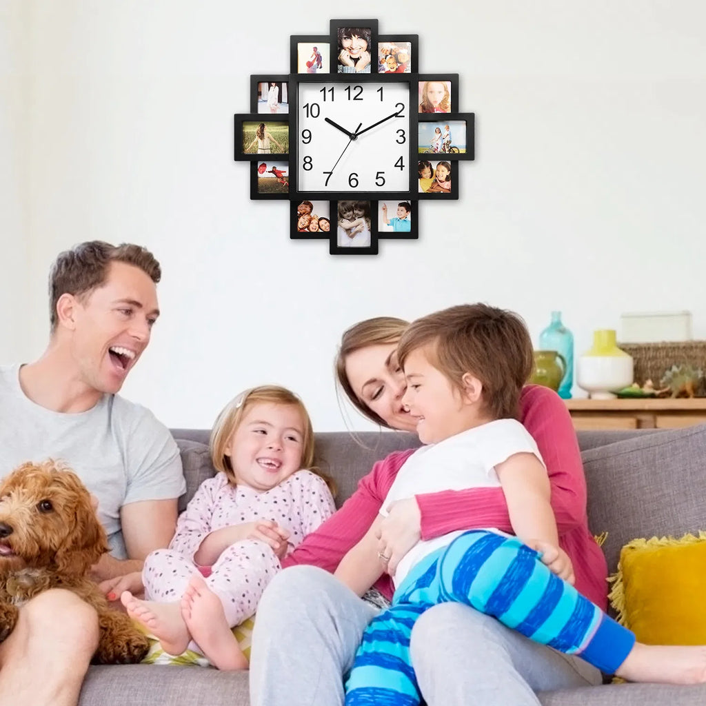 Photo Frame Wall Clock With 12 Picture Display Slots, Black ABS Collage Clock for Living Room, Bedroom, or Office, 15.35 In