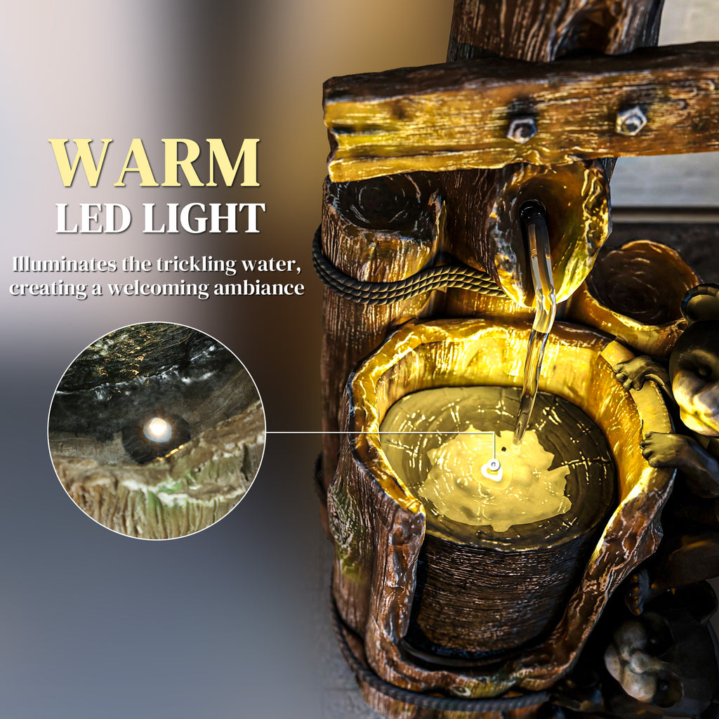 3-Tier Outdoor Water Fountain, 22.8" Resin Climbing Bears Log Waterfall with LED Lights and Pump, Brown