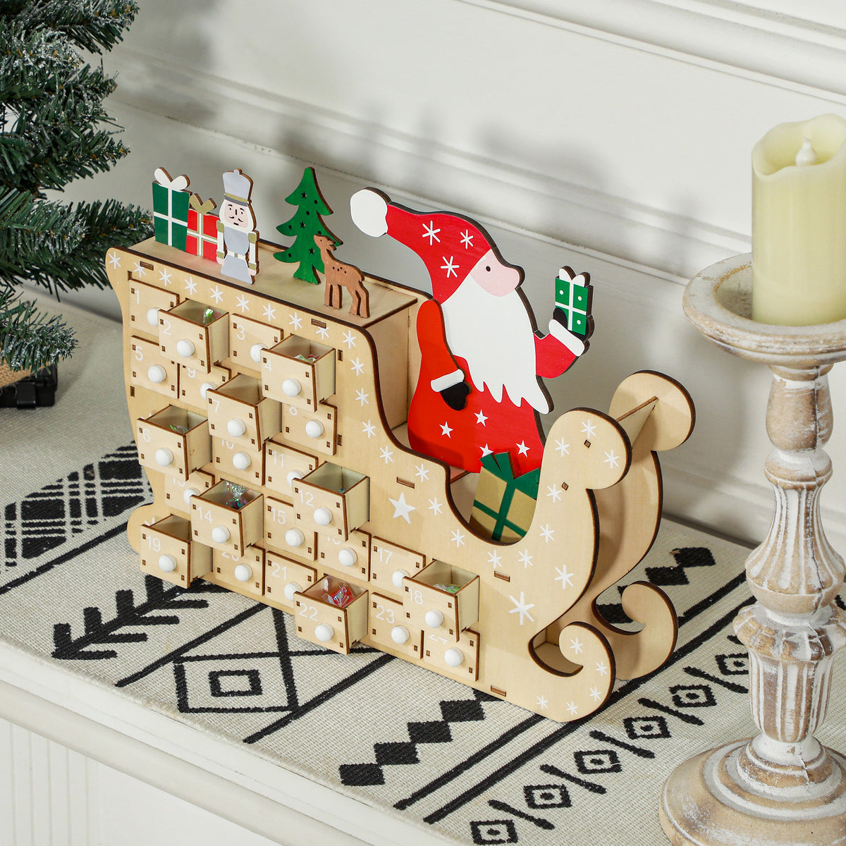 Wooden Christmas Advent Calendar with 24 Countdown Drawers, Santa Sleigh Holiday Decor, Natural