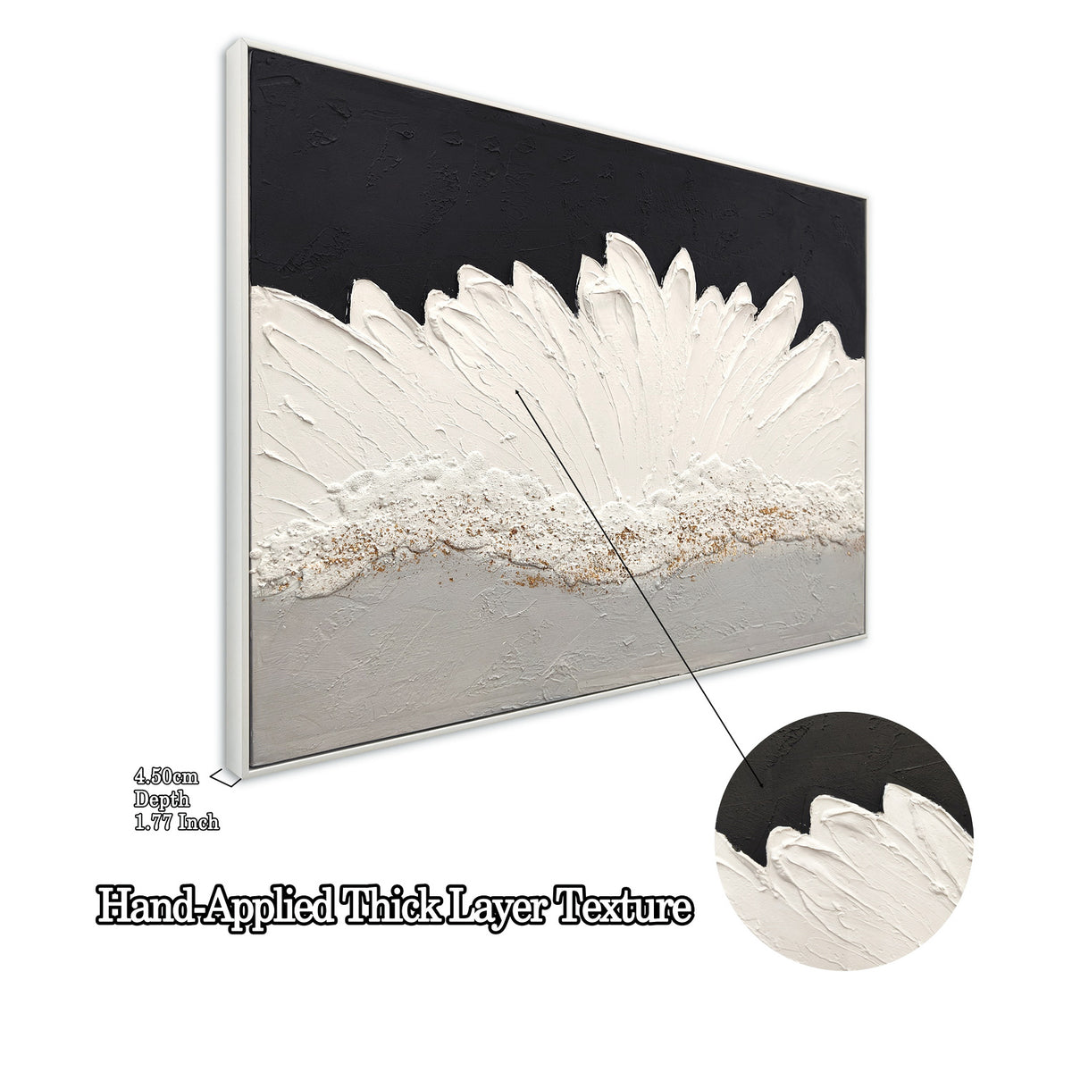 Framed Abstract Wall Art 28x40 In, Black and White Textured Canvas Painting with Grey and Gold Accents