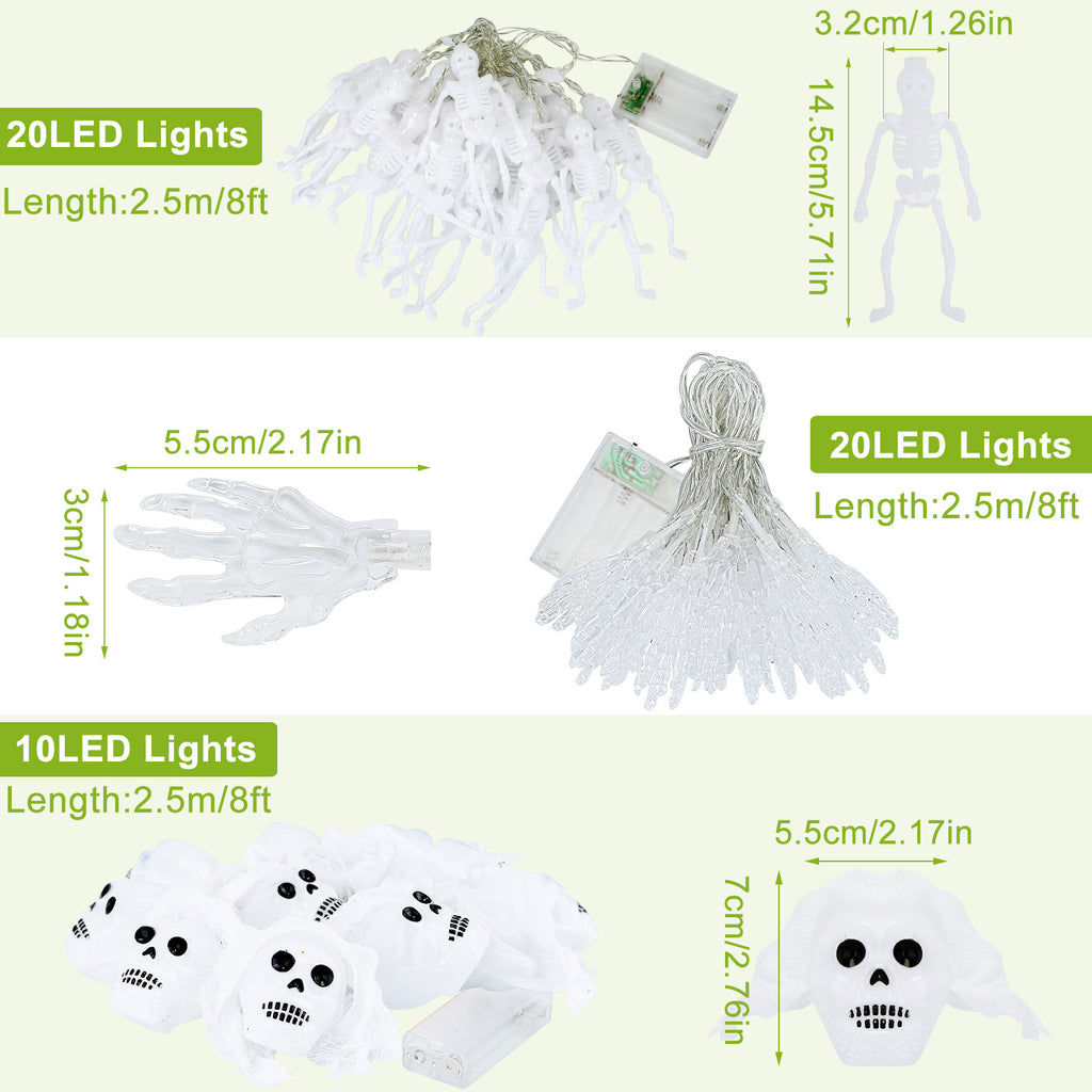 Halloween String Lights Set of 3, 50 LED 24 ft Skeleton, Skull and Spooky Hand Lights, Battery Operated Indoor Outdoor Decor