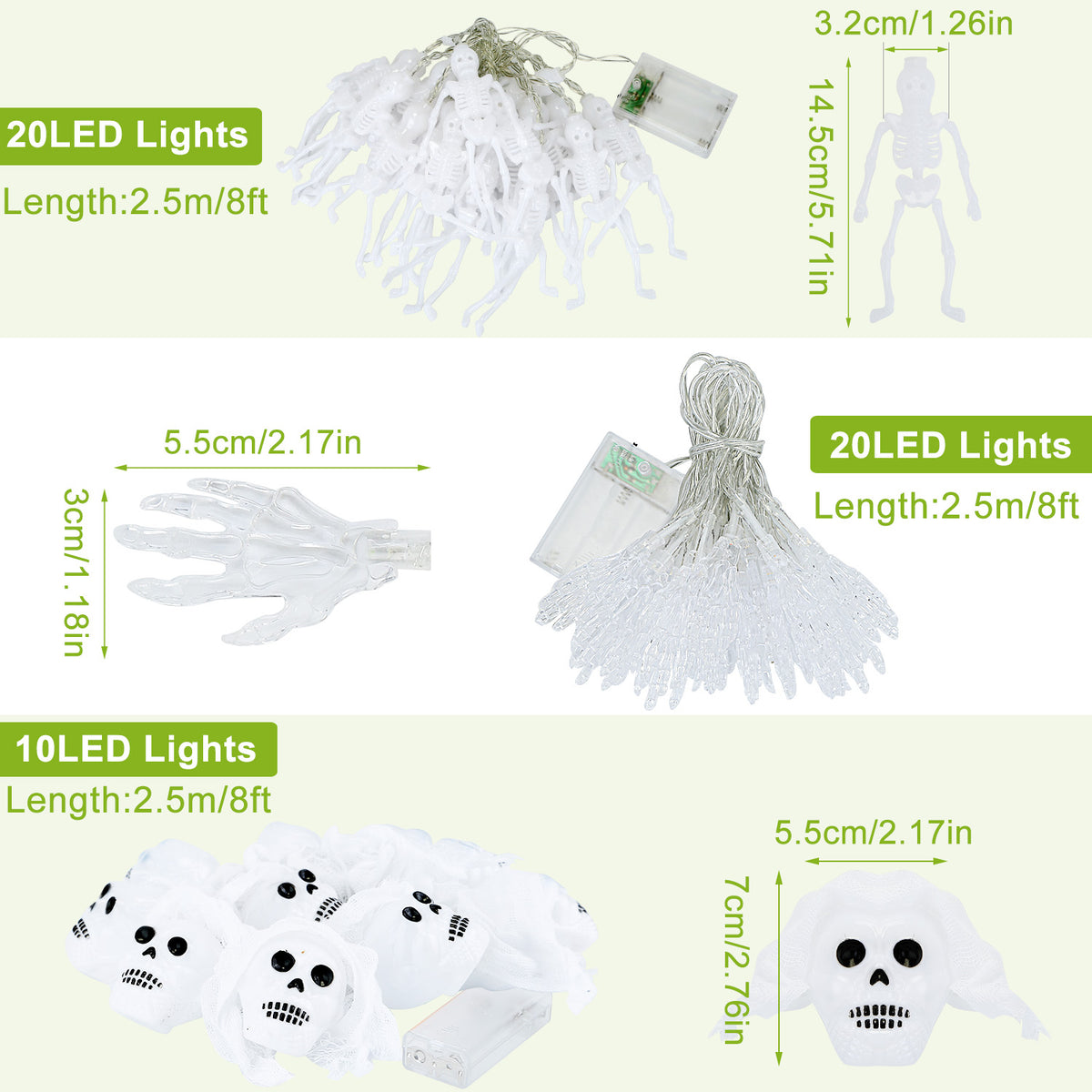 Halloween String Lights Set of 3, 50 LED 24 ft Skeleton, Skull and Spooky Hand Lights, Battery Operated Indoor Outdoor Decor
