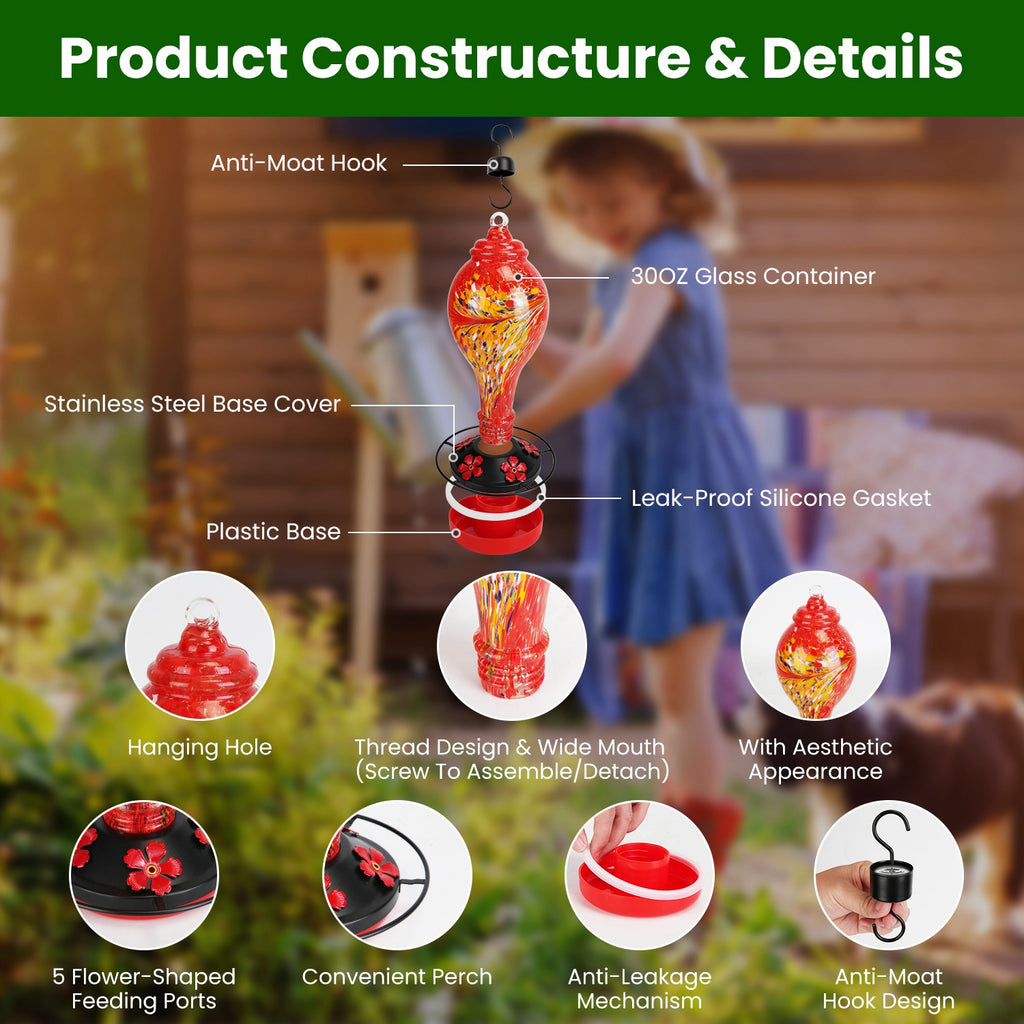 Hand Blown Glass Hummingbird Feeder, 33 oz With 5 Flower Feeding Ports, Perch, Ant Moat Hook and Cleaning Brush