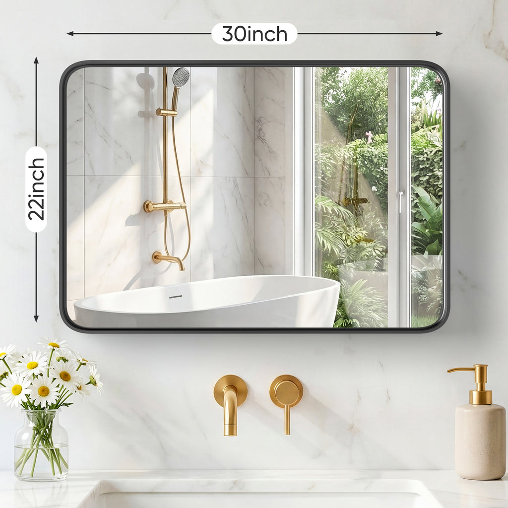 Rectangular Wall Mirror With Black Metal Frame, Rounded Corner Bathroom Vanity Mirror