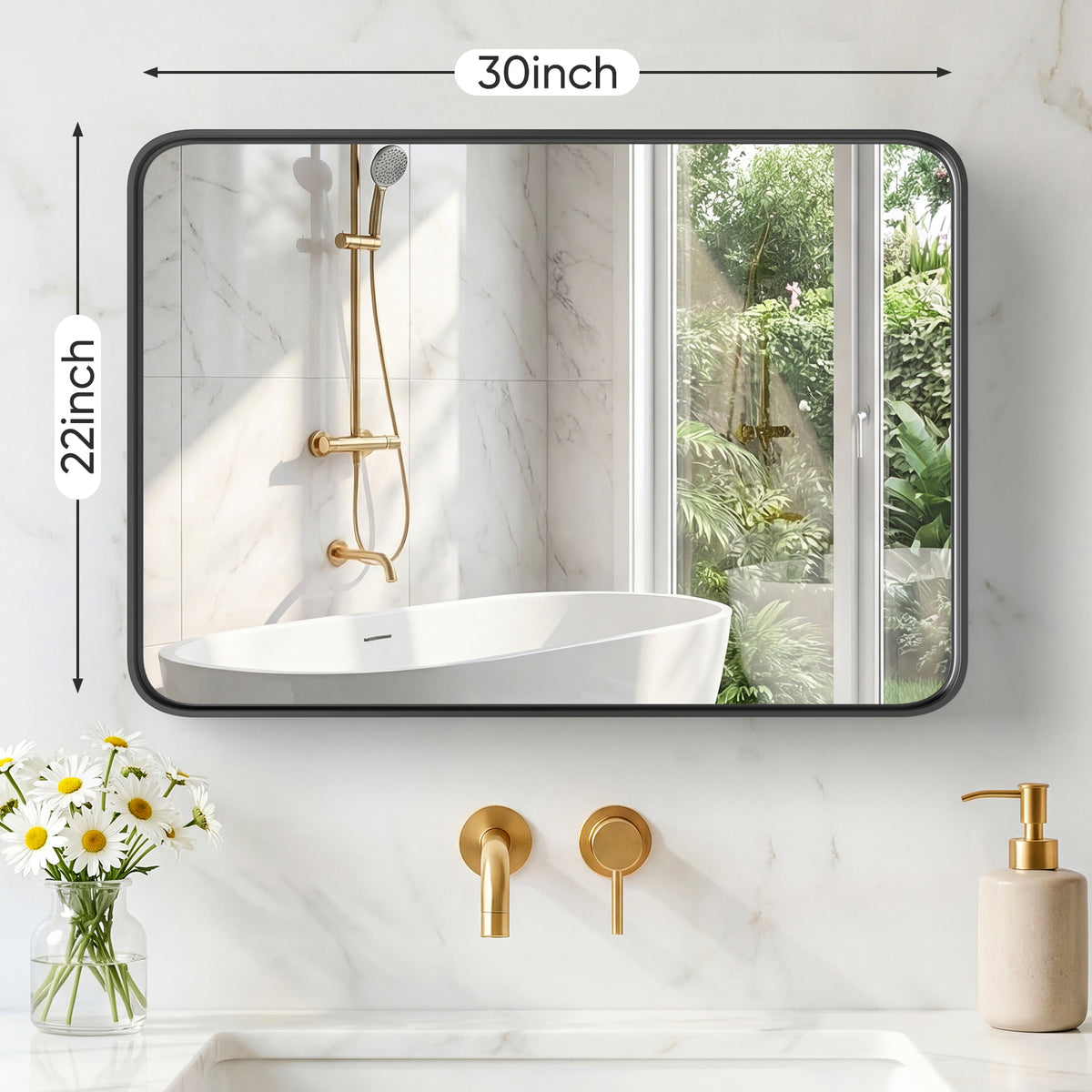 Rectangular Wall Mirror With Black Metal Frame, Rounded Corner Bathroom Vanity Mirror