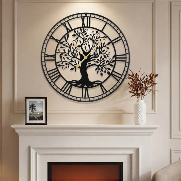 Tree of Life Wall Clock, 27" Black Metal Round Silent Non-Ticking Roman Numeral Clock
