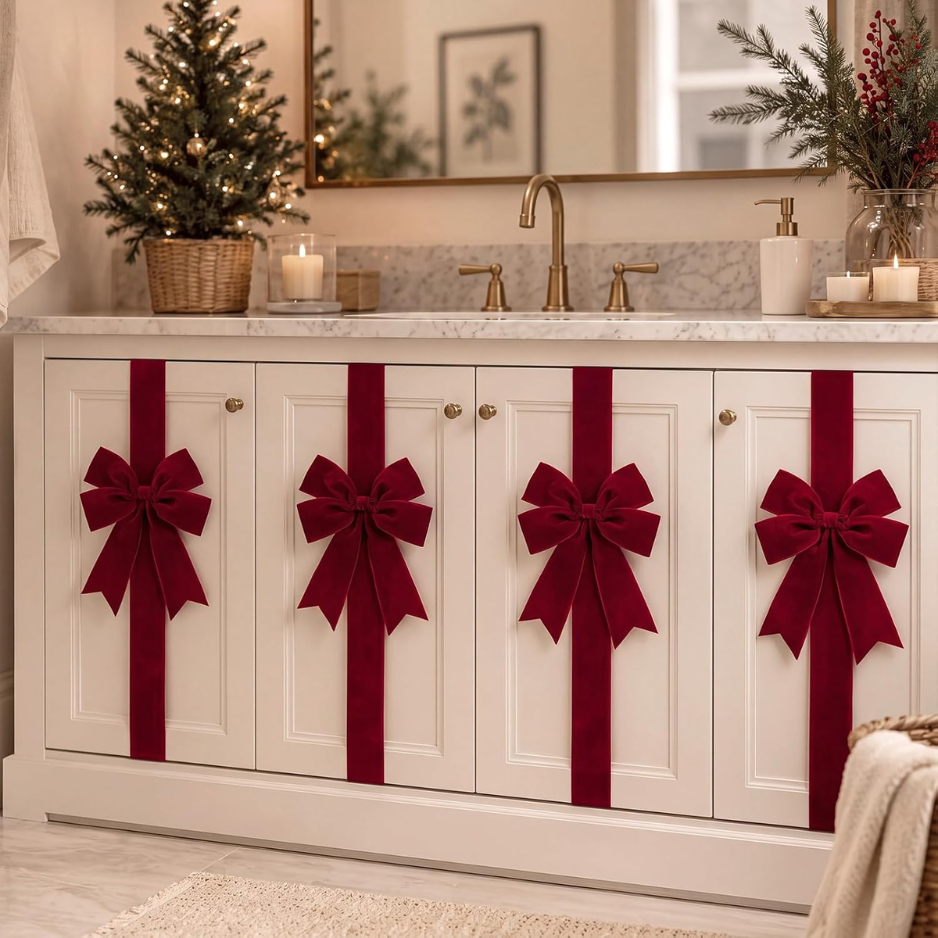 Burgundy Velvet Christmas Cabinet Bows, Set of 6 Large Door Bows With 78.7 Inch Ribbons for Kitchen and Holiday Decor