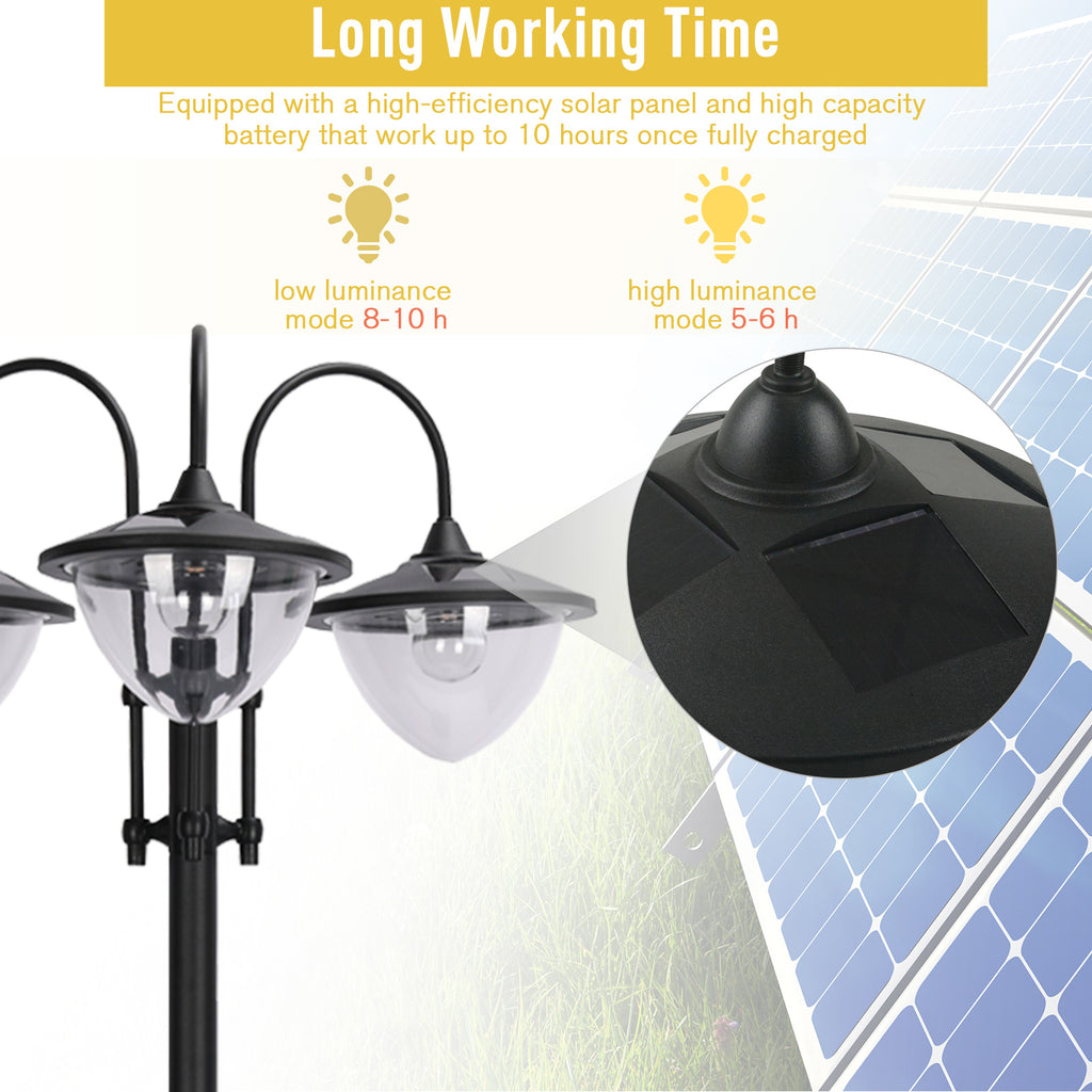 Solar Lamp Post Light with Planter Base, 74.5" 3-Head Black Outdoor LED Pole Light for Driveway, Patio, Garden and Pathway
