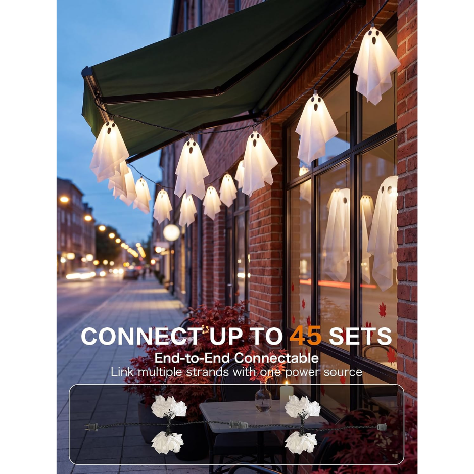 Halloween Ghost String Lights, 8.5 Ft Plug-In Strand With 10 Warm White LED Fabric Ghosts, Connectable Indoor and Covered Outdoor Decor