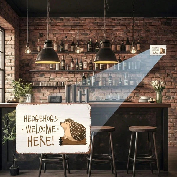 Hedgehog Welcome Here Metal Tin Sign, Distressed Garden Wall Decor for Porch, Fence or Yard