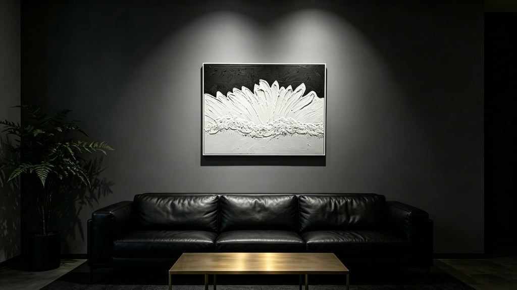 Framed Abstract Wall Art 28x40 In, Black and White Textured Canvas Painting with Grey and Gold Accents