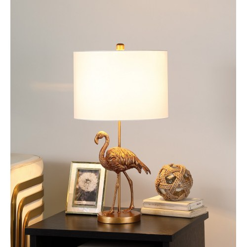 Flamingo Table Lamp, 26 Inch Matte Gold Resin Accent Lamp With White Drum Shade