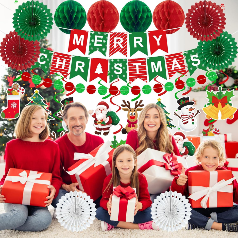 Christmas Party Decoration Set, 25 Pieces, Merry Christmas Banner With Paper Fans, Honeycomb Balls, Swirls and Dot Garland in Red, Green and White