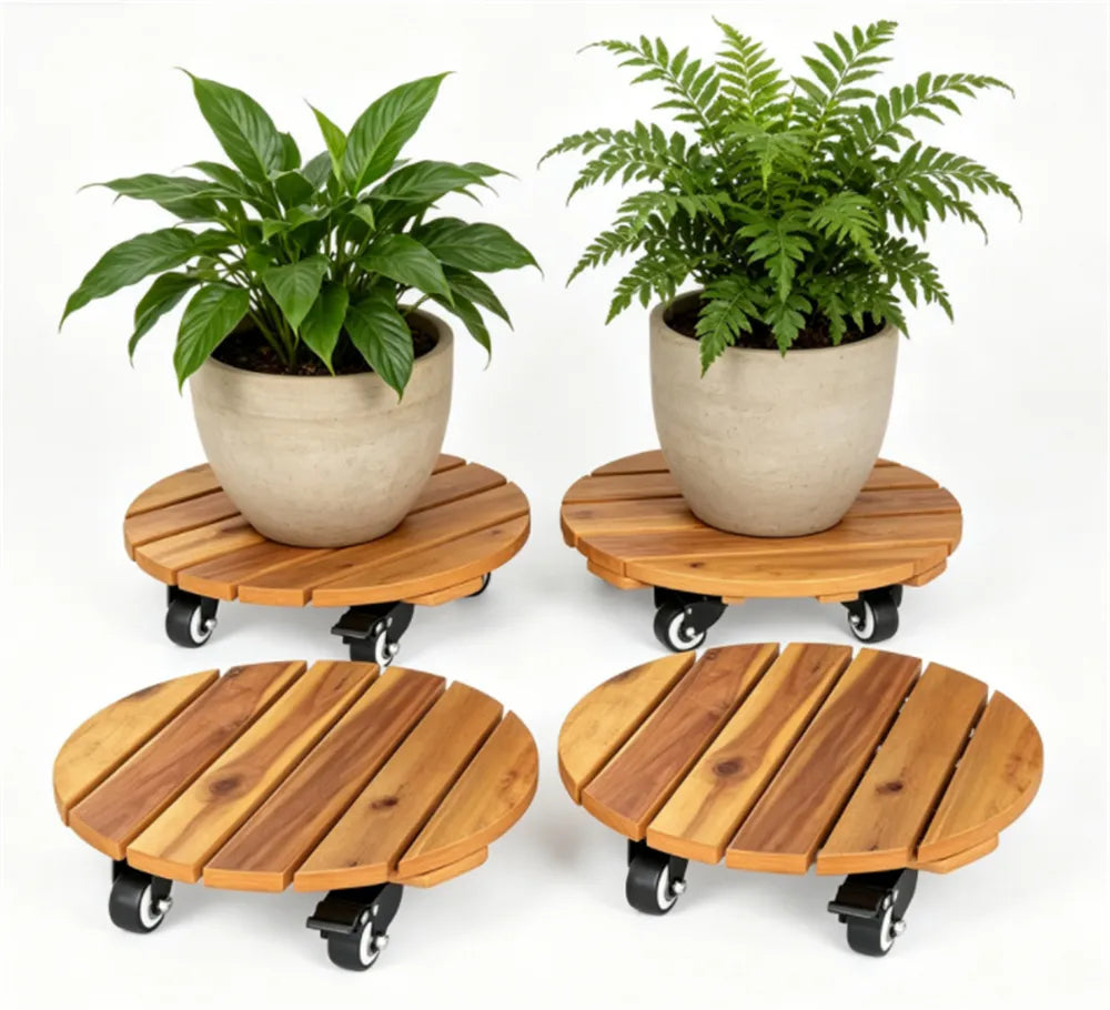 Rolling Plant Caddy Set of 4, 12" Round Acacia Wood Plant Stands With Locking Wheels, Natural Finish