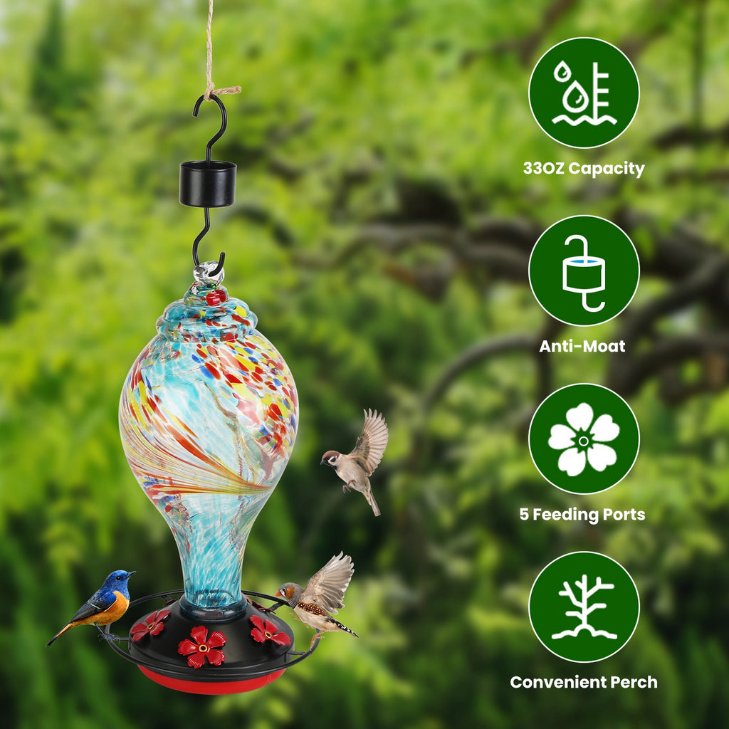 Hand Blown Glass Hummingbird Feeder, 33 oz With 5 Flower Feeding Ports, Perch, Ant Moat Hook and Cleaning Brush