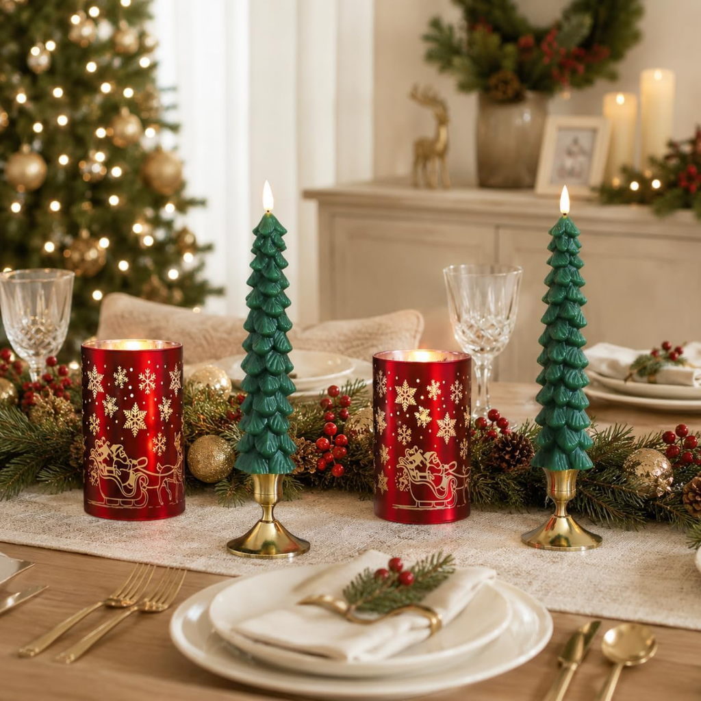 Christmas Flameless Candles With Remote, Set of 4 Green Tree Tapers and Red Glass Snowflake Pillars, Battery Operated LED Holiday Decor