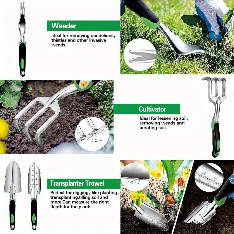 8 Piece Garden Tool Set With Storage Tote, Aluminum Alloy Hand Tools, Pruning Shears and Gloves, Green